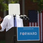 A teleprompter obscures U.S. President Obama as he speaks during a campaign event in Columbus, Ohio