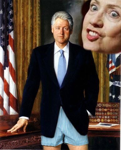 Bill Clinton in underwear with Hillary behind